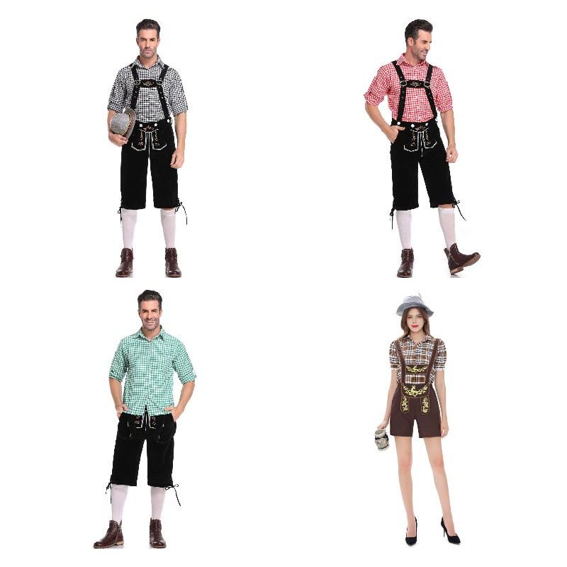 Men's And Women's Oktoberfest Clothing, Halloween Costume, Plaid Suspender Pants, Couples German Beer Costume