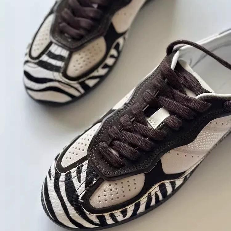 Sheepskin Version~ Zebra Pattern Niche Suede German Training Women's Round Head Lace-up Flat Bottom Color Matching Casual Sports Forrest Gump Shoes