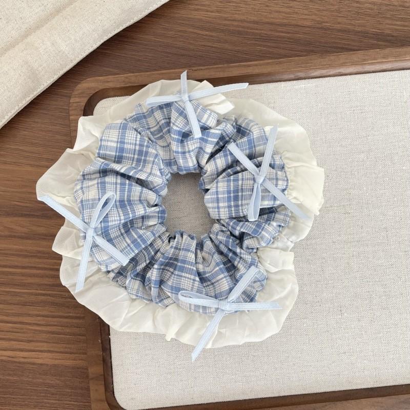 Korean Blue Plaid Bow Scarf Women's Hair Tie & Headband Set