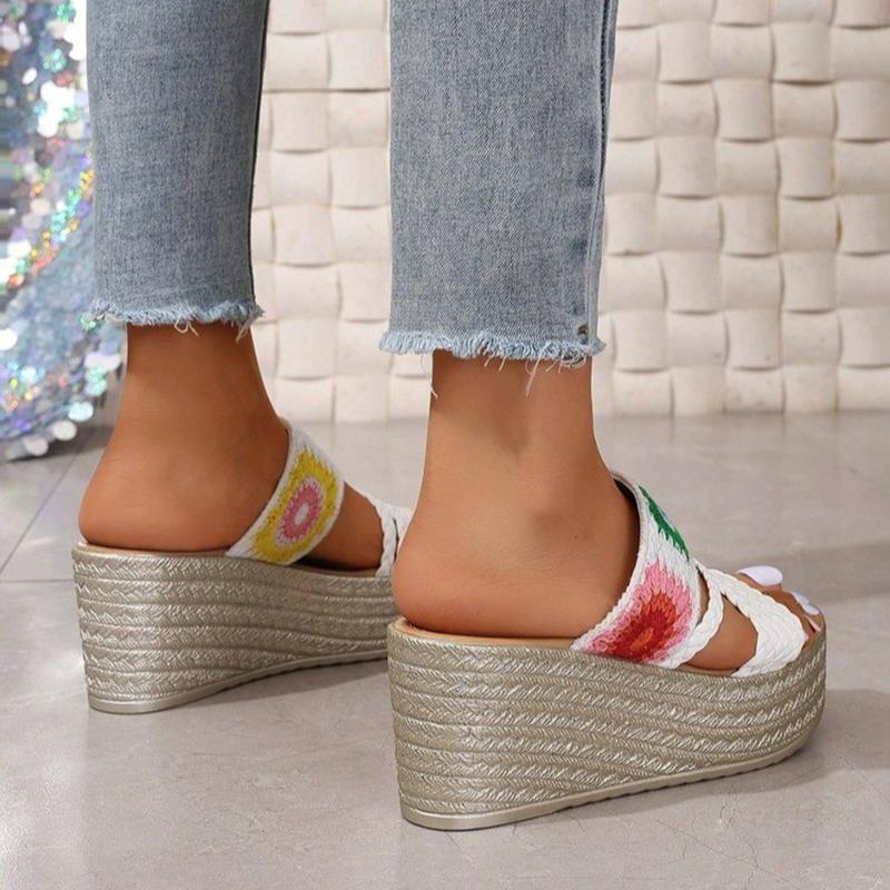Fashion Ethnic Woven Wedge Slippers for Women Retro Embroidery Chunky Platform Slides Female Fashion 2025 Daily Non Slip Sandal Mujer