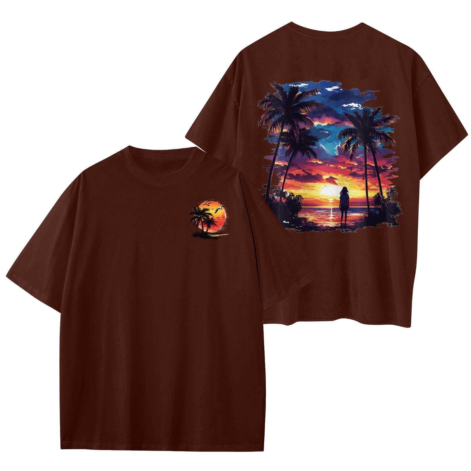 

Женский круглый вырез модный свободный гавайский принт короткие рукава XL винный