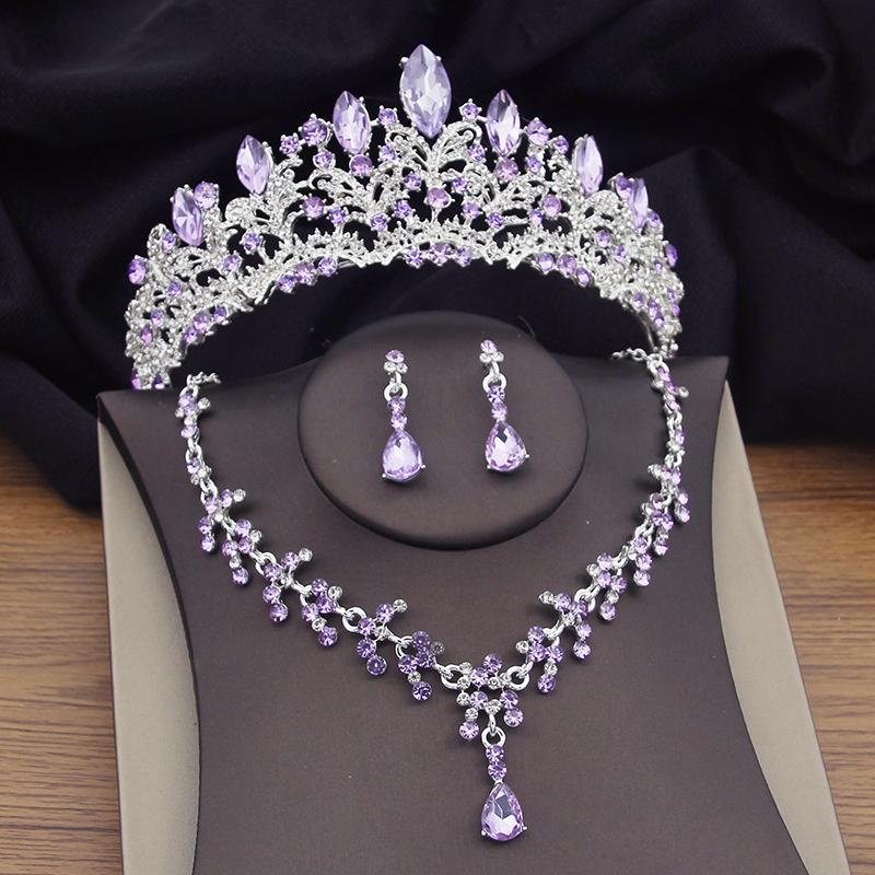 Wunderschöne Lila Kristall Brautschmucksets für Frauen Tiaras Ohrringe Halsketten Set Hochzeitskrone Schmuckset Mode