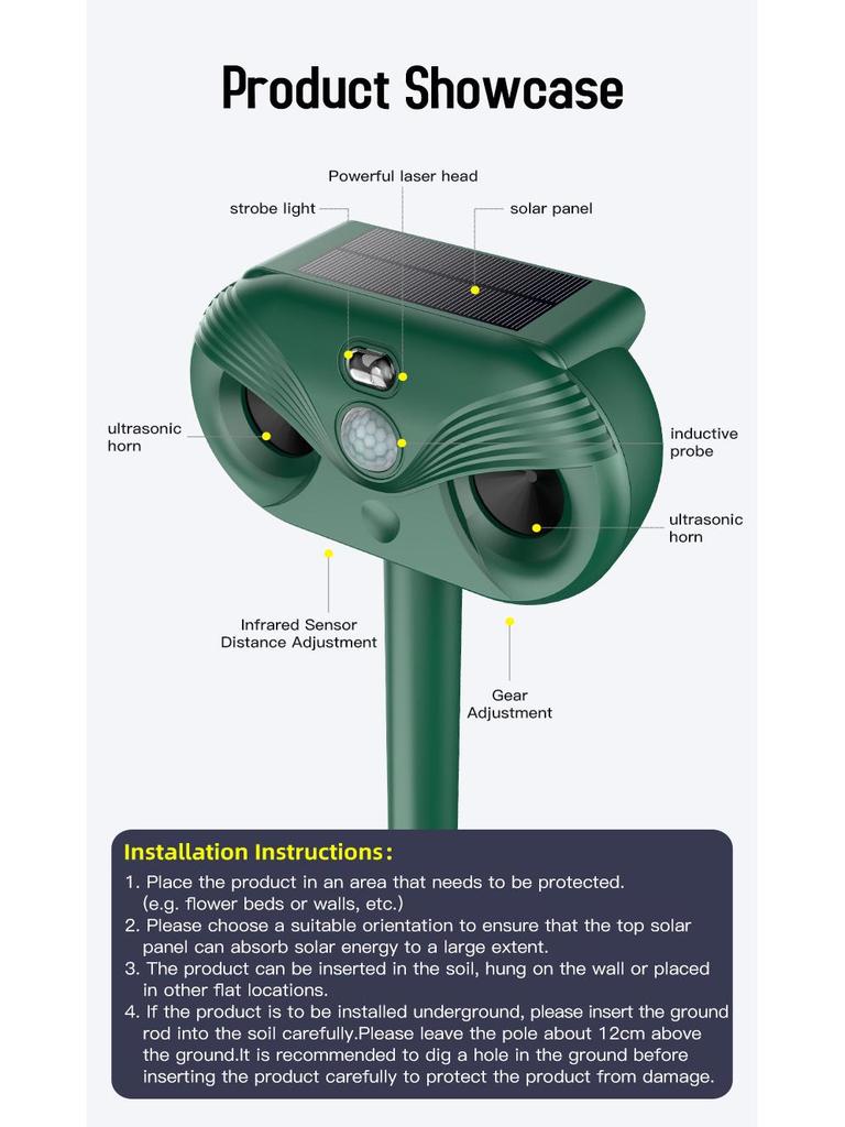 Repelente ultrasónico solar de animales: Eficaz para Aves, Perros, Gatos y Ratas