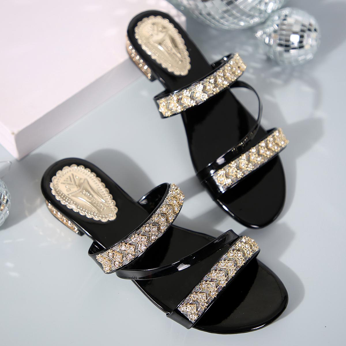 

Fashion Summer New Women Slippers Medium Heel Thick Heel Slippers Open Toe High Heel Rhinestones Shoes Lightweight Sandals Slides Women 35