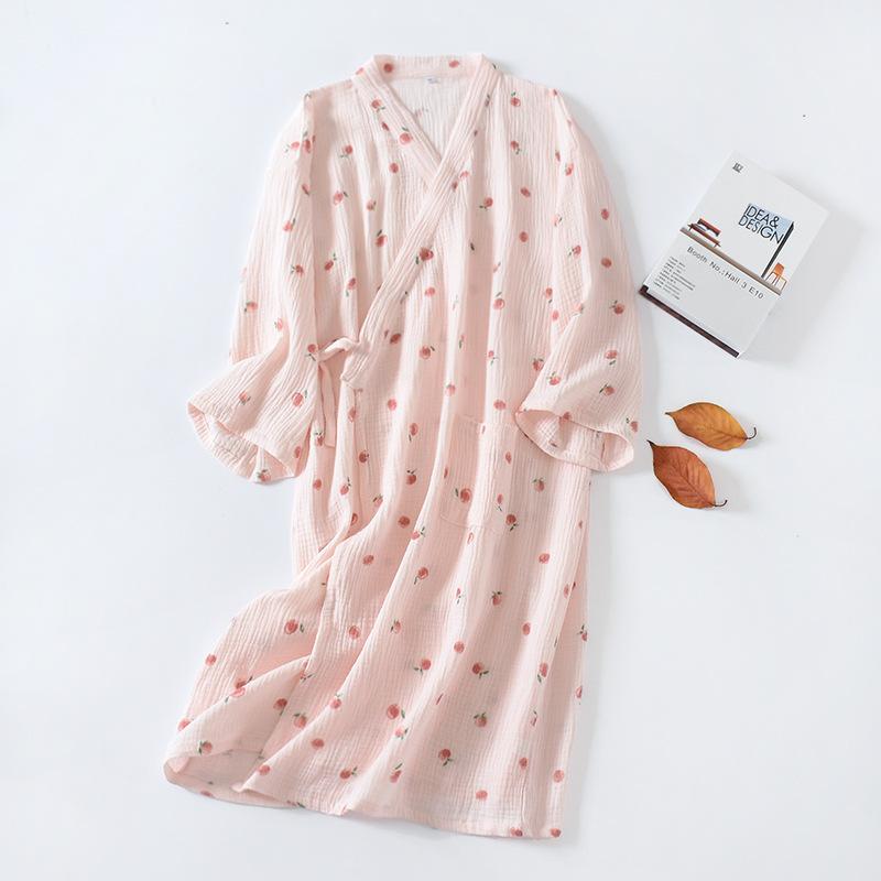 Japanese Kimono Spring and Autumn Ladies Cotton Crepe Cloth Nightgown Pajamas Bathrobe Household Clothes Spring and Summer Robe