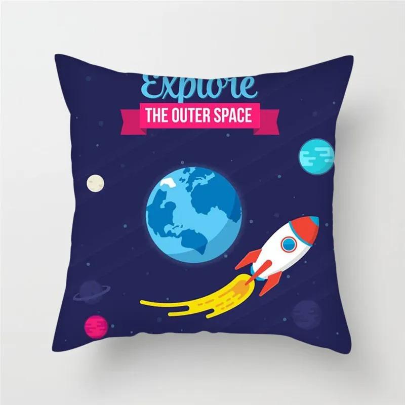 Cartoon Astronaut & Rakete Raumschiff Kissenbezug Deko Weltraum-Thema Kissenhülle für Sofa Schlafzimmer, Galaxie-Druck Kissenbezug