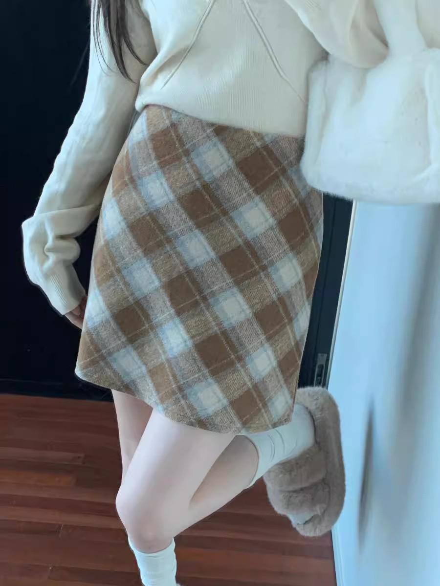 Thick Wool Plaid Color Block A-line Mini Skirt - Autumn/Winter Plus Size Retro High-Waisted S (86-96 lbs)