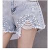Dámské džínové kraťasy s heavy cvočky a korálky s otvory pro diamantový řetízek, široké nohavice s drsným okrajem, kalhoty s krátkým rukávem a dámské kalhoty