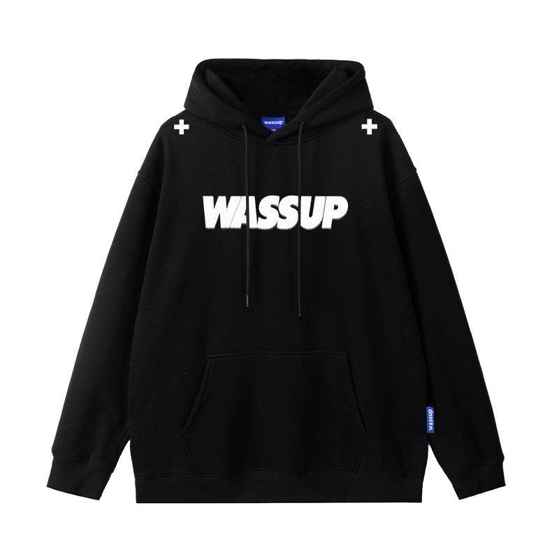 

Wassup Trendy Brand Inkjet Letter Sweatshirt Men s Hooded Autumn and Winter Fleece-Lined American Heavy Pullover Hoodie Jacket Couple Black XL