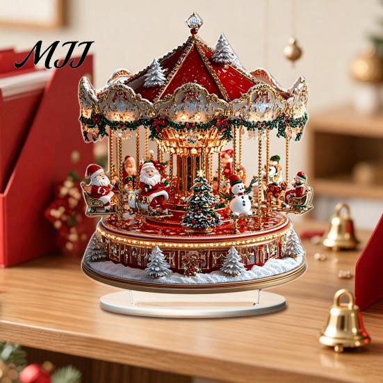 Ferris Wheel Display 2D Acrylic Christmas Tabletop Decoration, Festive Village Scene Ornament Playground Theme with Snowman & Trees, Holiday