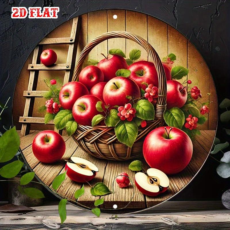 D Flat pc Fresh Harvest Round Aluminum Sign Wooden Background Round Wall Decor Basket Rustic Metal Wall Art Apples Metal W