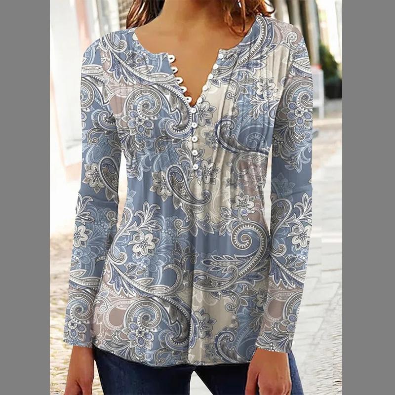 European and American Spring and Summer Fashionable Women's Floral Print V-neck Short Sleeved Pleated Button T-shirt with A Base