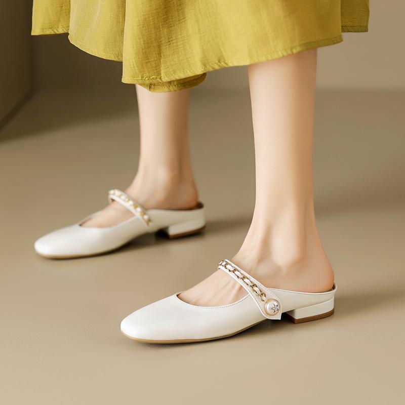 Fashion 2025 Summer Women Mules Genuine Leather Women Shoes Square Toe Chunky Heel Shoes Cover Toe Slingback Sandals Shallow Slippers