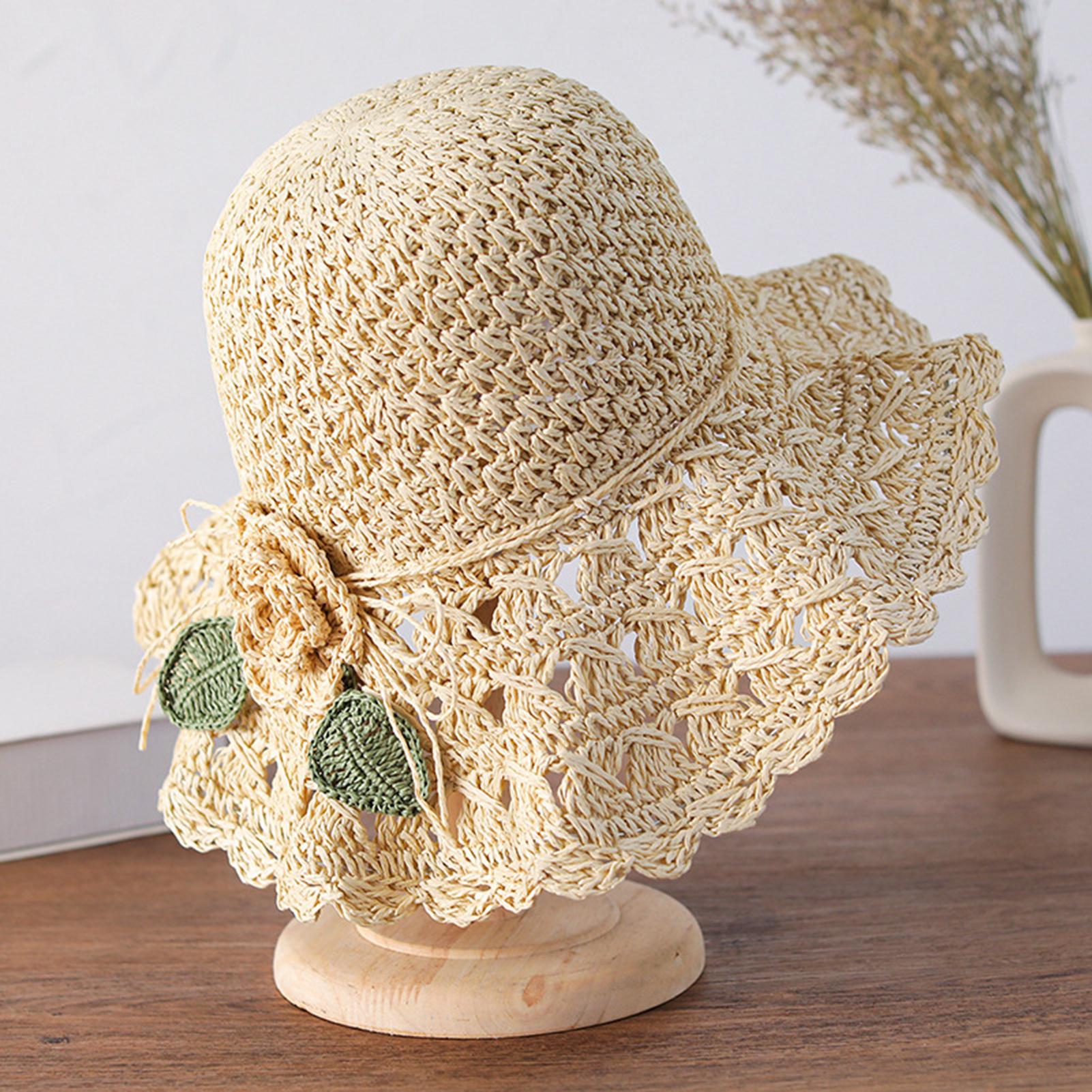 

Elegant Crochet Straw Hat Wide Brim Ruffle Design Summer Beach Sun Protection for Outdoor Travel Women бежевый