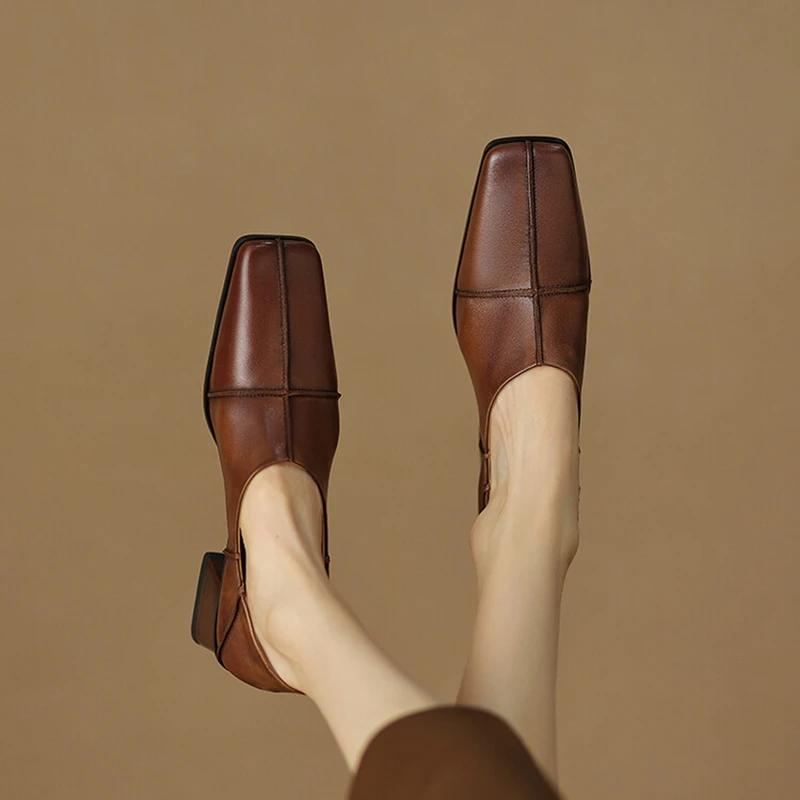 Fashion NEW Spring Women Pumps Genuine Leather Shoes for Women Square Toe Chunky Heel Women Shoes Solid High Heels Simple Ladies Shoes