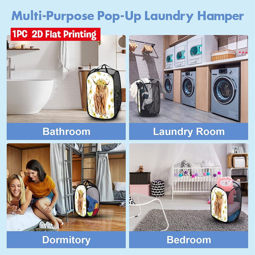 1Pcs Sunflower Calf Pop-Up Laundry Hamper Expandable Mesh Hamper Basket for Room Bedroom Bathroom Organization Contemporary Storage
