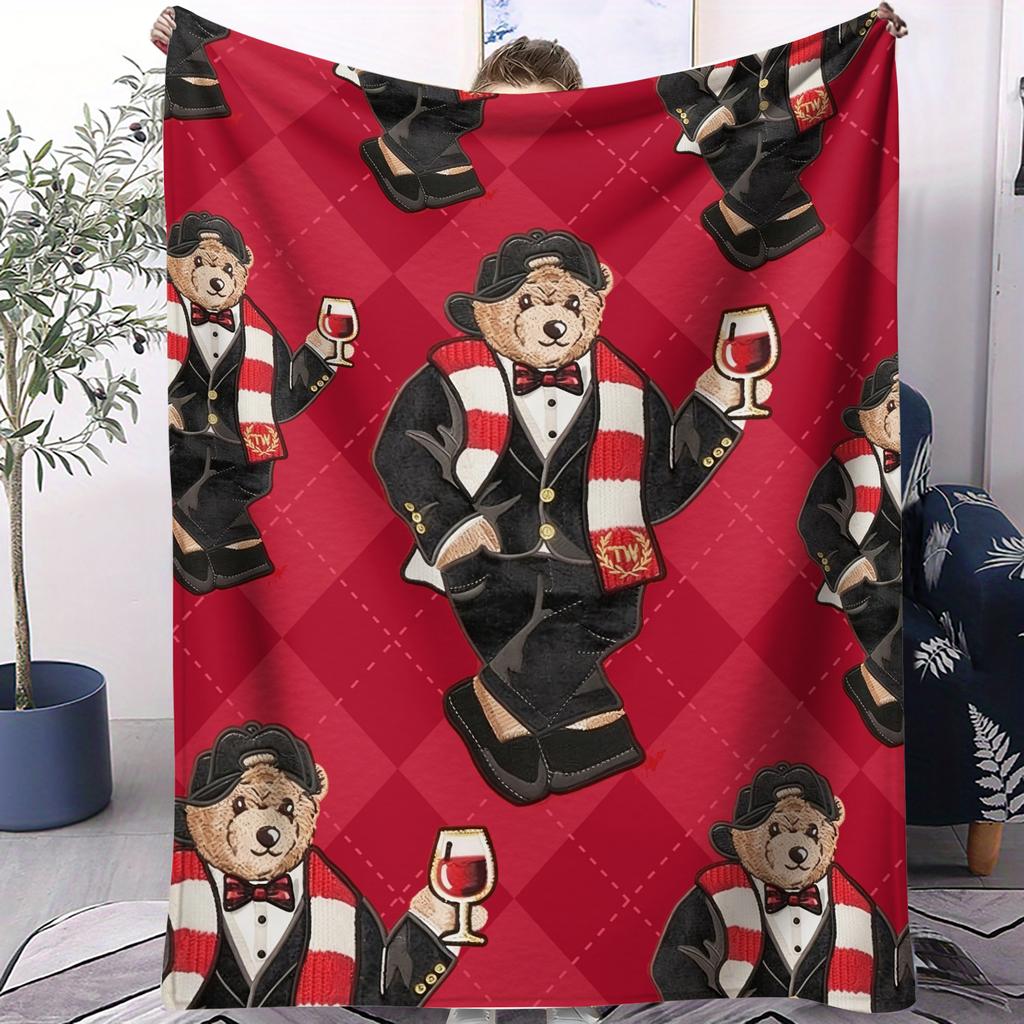 Festliche Vintage POLO Bär Print Fleece-Kuscheldecke für Erwachsene Qualität Super Weich Warm Universelle Decke für Reisen Büro Zuhause