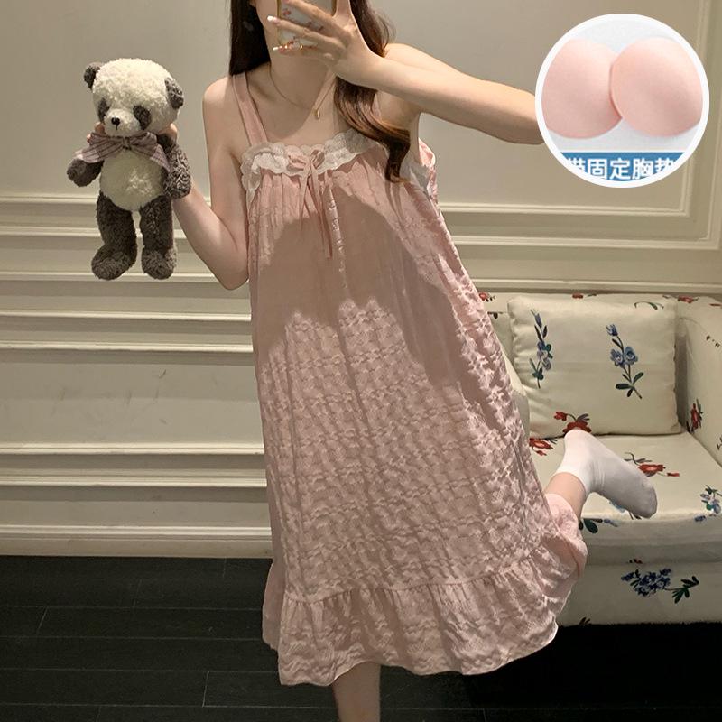 2026 Summer Sweet Princess Woven Cotton Nightgown with Chest Pads – Women's Long Camisole Loungewear
