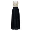 Vestito lungo da donna con scollo a V, senza maniche, in rete e patchwork di paillettes, abito da laurea
