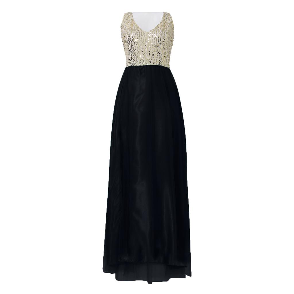Vestito lungo da donna con scollo a V, senza maniche, in rete e patchwork di paillettes, abito da laurea