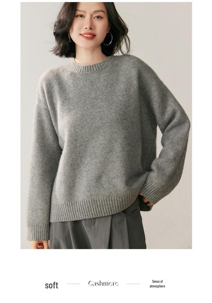Women's Cashmere Knit Sweater: 2026 Autumn/Winter, Round Neck, Solid Color, Thickened Warm, Lazy Style.