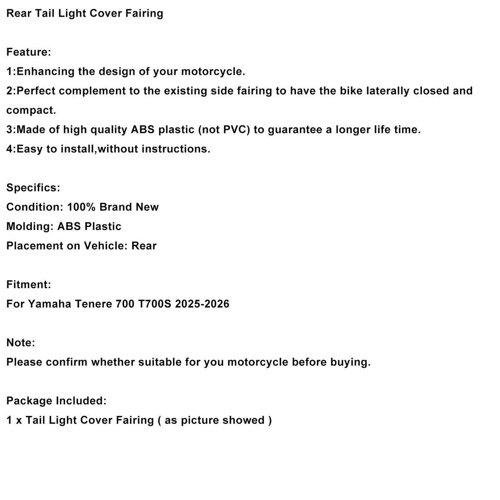 Rear Tail Light Cover Fairing For Yamaha Tenere 700 T700S 2025-2026 Black