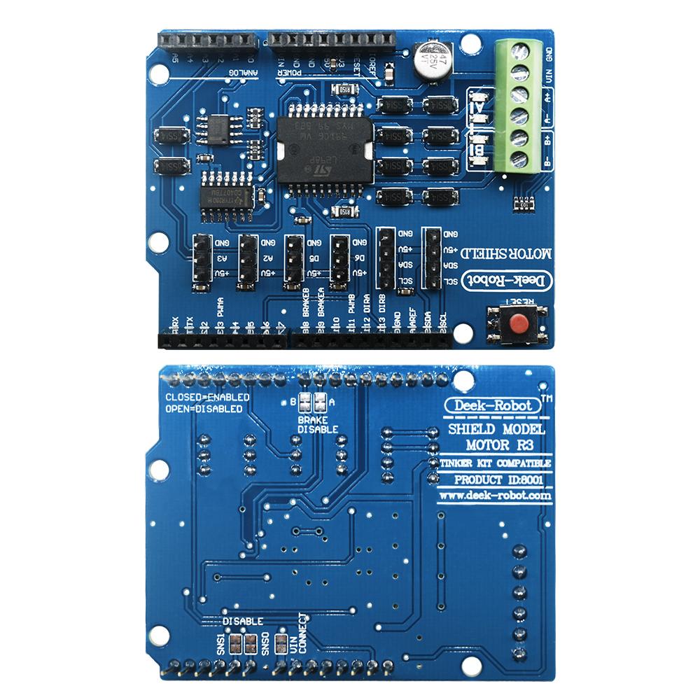 Die Arduino L298P Motortreiber-Erweiterungsplatine kann direkt an Arduino UNO-, Leonardo- und Mega2560-Boards angeschlossen werden.