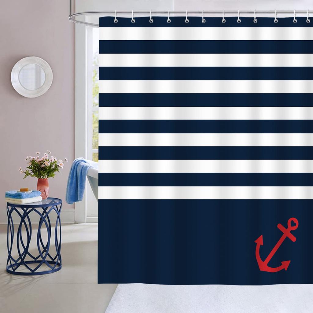 Nautical Striped Shower Curtain Navy Anchor Bathroom Curtain Polyester Fabric Waterproof Shower Curtain Set With Hook