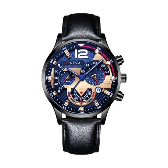 

Мужские кварцевые часы с круглым циферблатом, трехглазым календарем, регулируемым 6-контактным ремешком из искусственной кожи, механические без задержки, высокоточные ежедневные наручные часы Timepieceh чёрный/синий