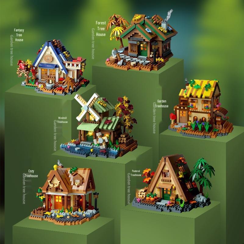 Forest Log Cabin & Windmill Treehouse Building Set - Compatible with LEGO, Educational Blocks for Kids