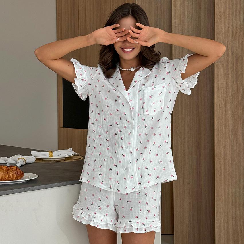 European and American pure cotton breathable and comfortable printing short-sleeved cotton and silk pajamas women's summer suit women's loungewear