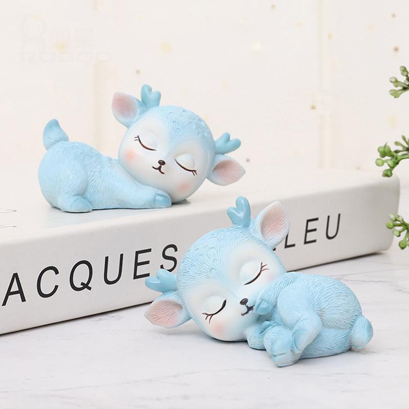 1PC Car Small Ornaments Sleeping Cute Deer Animal Tabletop Home Decoration Resin Crafts Cake Baking Cartoon Decor