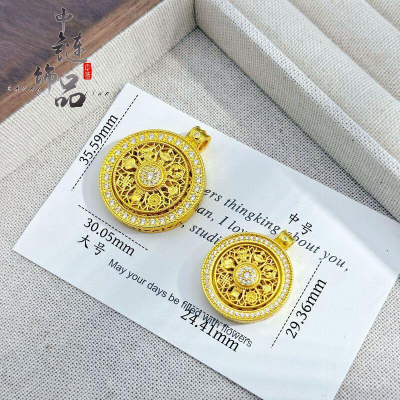 Rotating Vietnamese Sand Gold Inlaid Crystal Eight Treasures Compass Pendant Women Copper Plated Hollow Vintage Necklace Medium