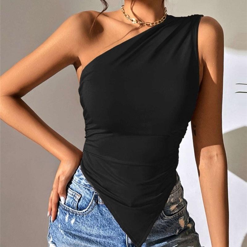 2026 New Fashionable Casual Women's T-Shirt Solid Color Single Shoulder Asymmetrical Slim Fit Top One-Piece Neck
