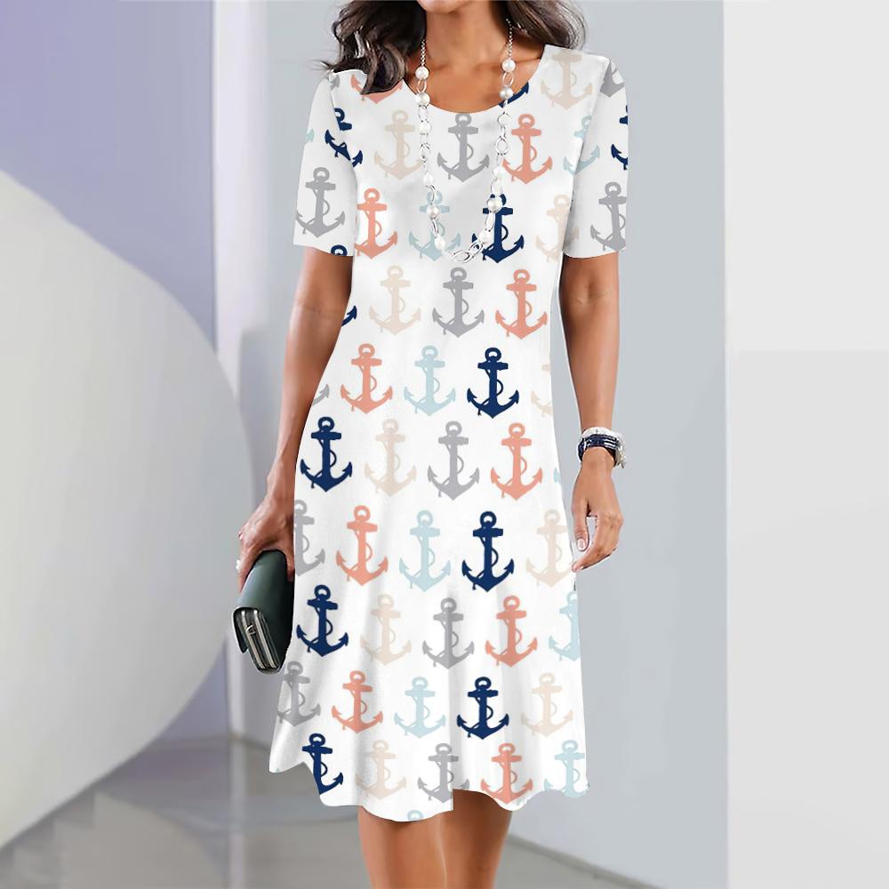 New Women's Dresses Anchor 3D Print Female Elegant Dresses Summer Short Sleeve Dress Fashion Oversized Clothing