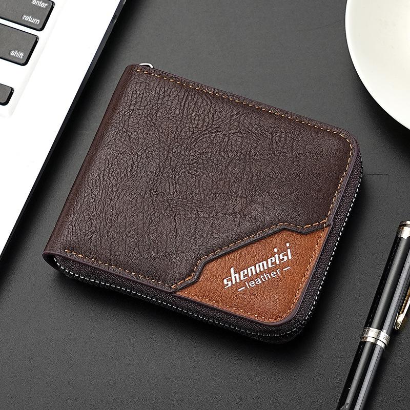 Men’s PU Leather Zip Around 3 Folding Wallet RFID Card Holder ID Window Coin Pocket Short Compact Wallet Cash Purse