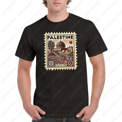 Vintage Palestine Culture Postage Stamp Unisex Crewneck Tshirt Comfortable Round Neck Summer Top with Geometric Print Shirt Tee