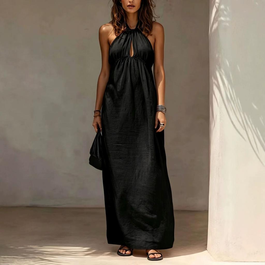 European and American style neck dress women's summer V-neck high-heeled holiday style long dress