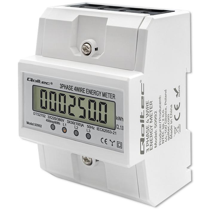 Qoltec Dreiphasen-bidirektionales elektronisches Messgerät | Energiezähler für Hutschiene | 400V | 100A | LCD | 4P