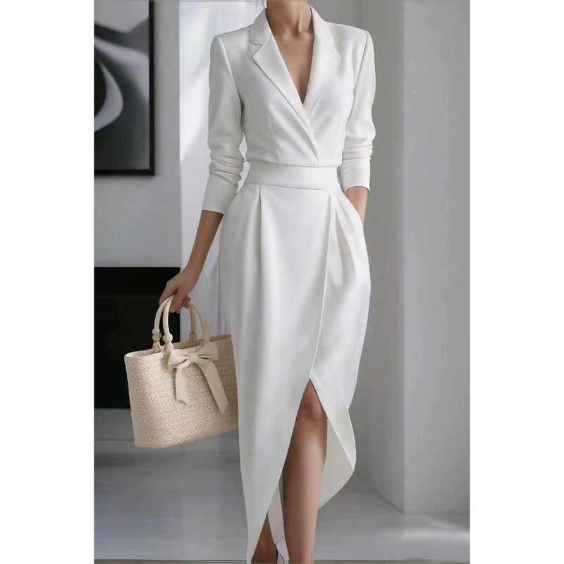 

2025 Cross-Border European and American Independent Website Autumn and Winter New Style Lapel Long-Sleeve Irregular Office Dress for Women White XL