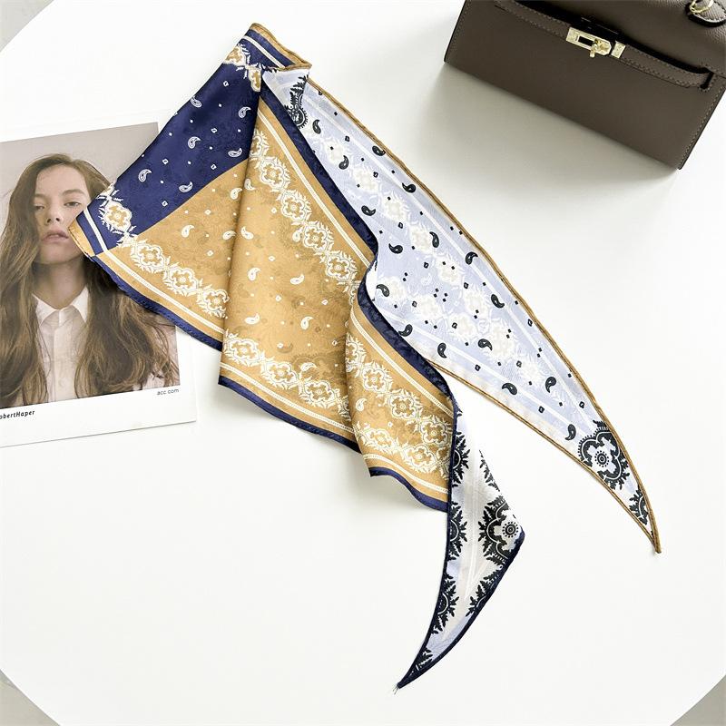 Spring and summer pastoral flower rhombus scarf dark pattern jacquard simulation silk scarf women's neck temperament small scarf tied bag