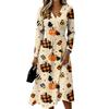 Women's Halloween Print V-Neck Long Sleeve Casual Dress with Pockets
