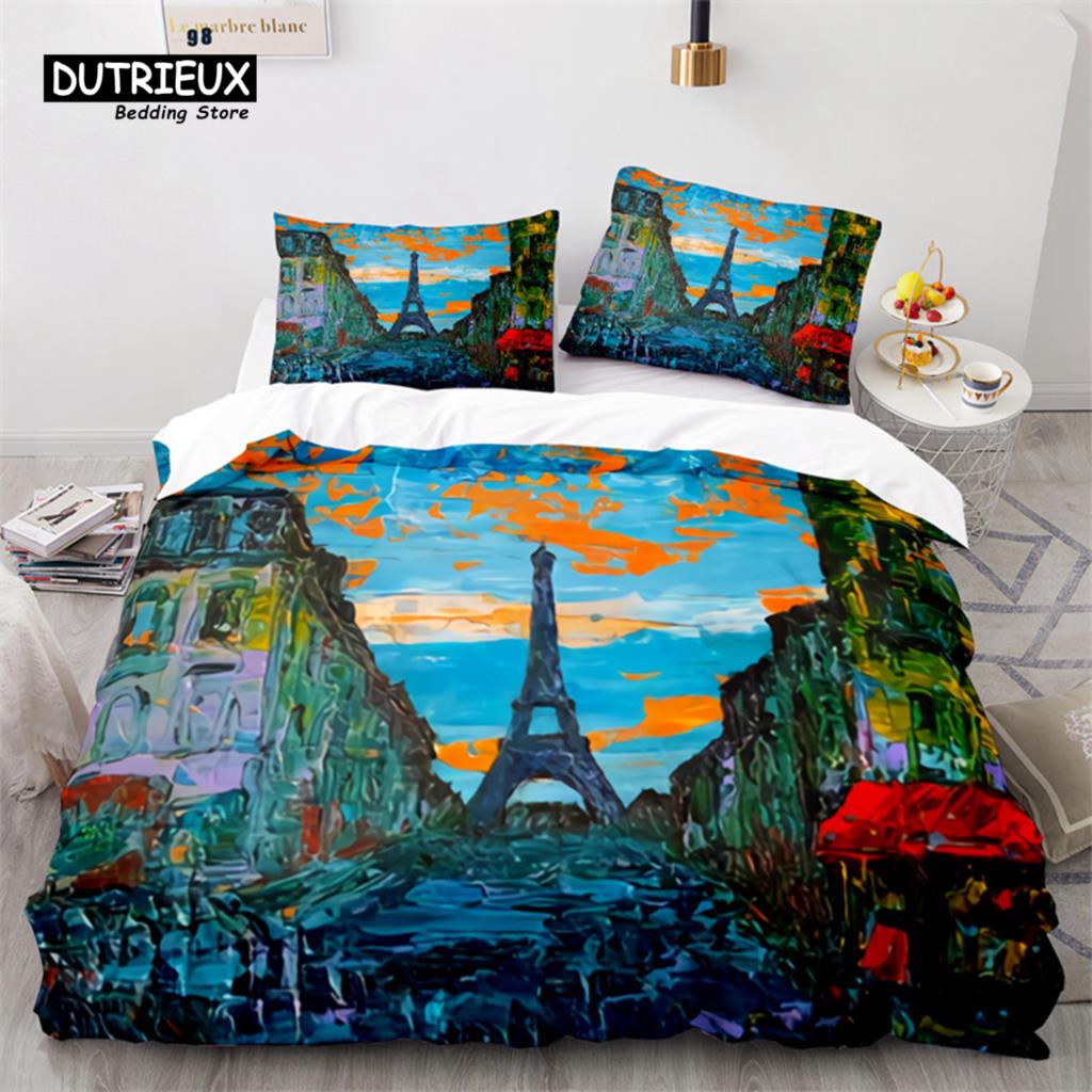 Eiffel Tower Duvet Cover Microfiber Paris Cityscape In The Clouds Bedding Set King Size For Kids Adults Romantic Comforter Cover