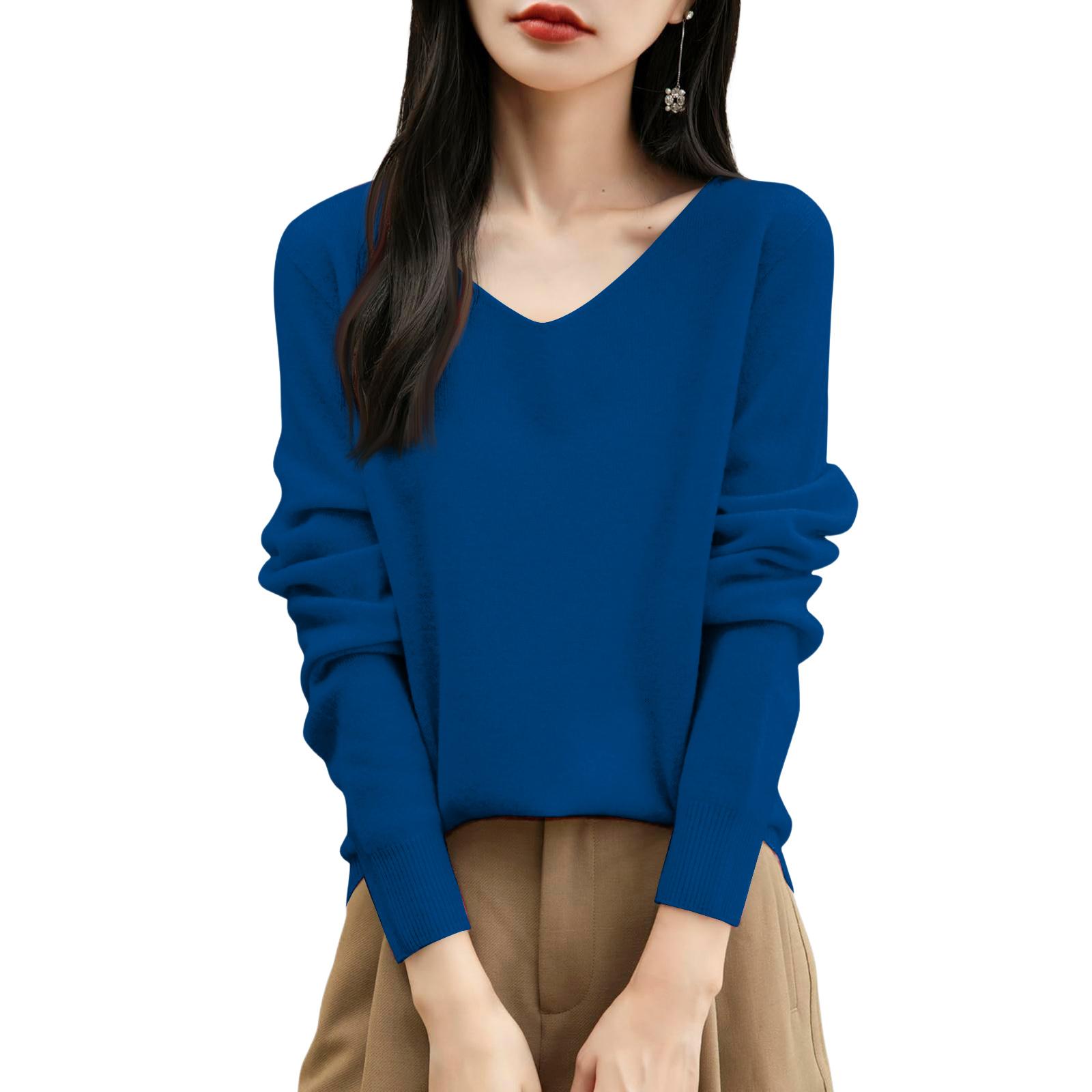 

Женский модный пуловер с V-образным вырезом, гладкой вязки, однотонный топ с длинными рукавами XL синий