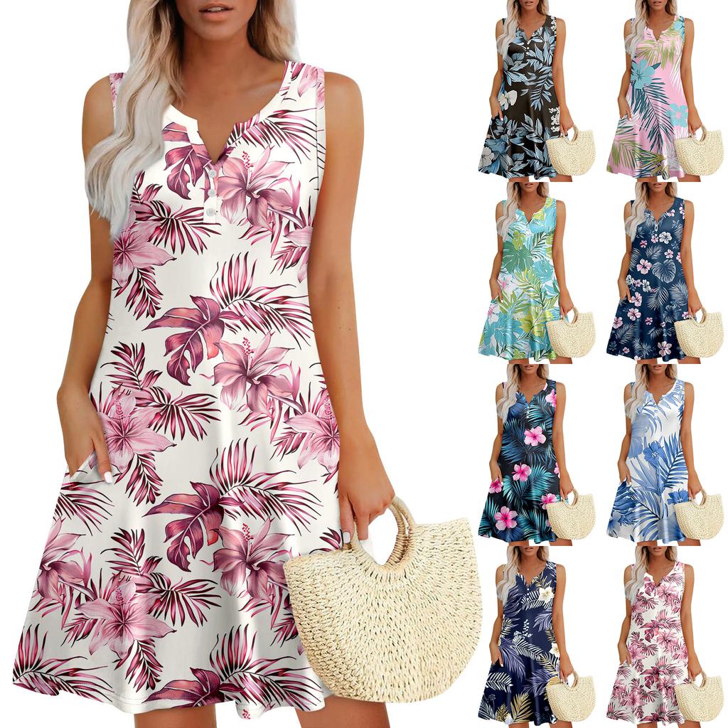 Womens Summer Dresses Loose V Neck Sleeveless Sundresses Dress With Pockets
