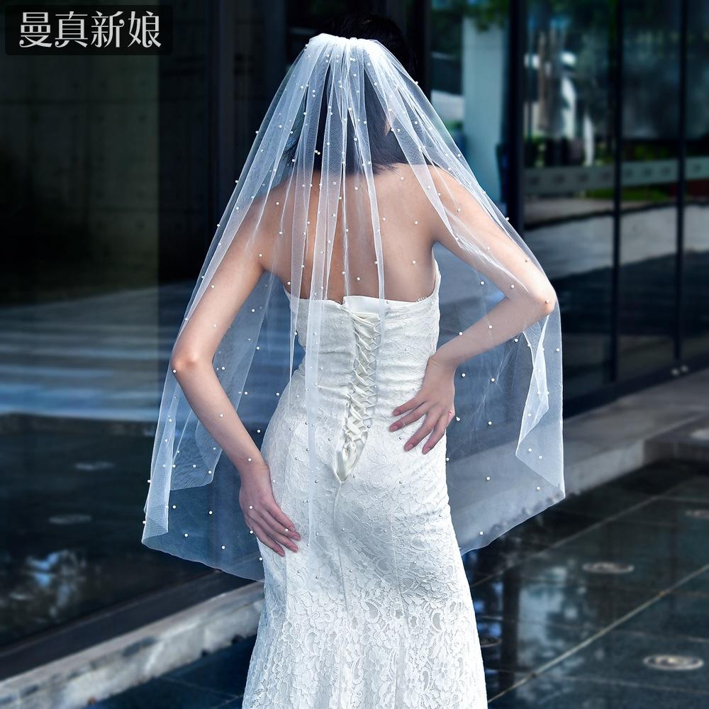 All Over Scattered Pearl Sheer Tulle Bridal Veil, Single Layer Plain Ivory Wedding Veil For Lace Satin Gown Pre-Wedding Elopement Portrait Shoot