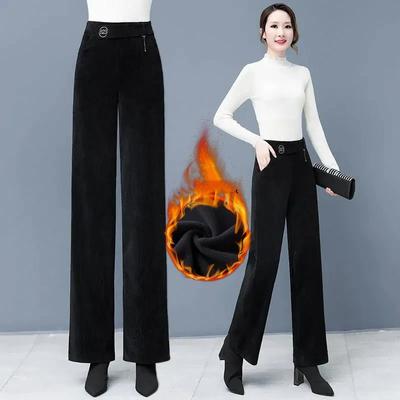 Women's Autumn and Winter High-waisted Padded Corduroy Wide-leg Trousers Loose Straight Solid-coloured Leisure Trousers