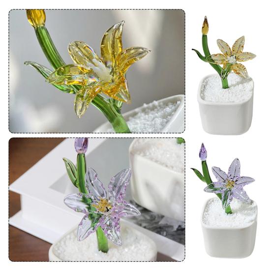 Mini Glass Potted Flower Figurine Hand Blown Faux Crystal Artificial Lily Flower Collectible Ornament for Women Mom Wedding Home Table