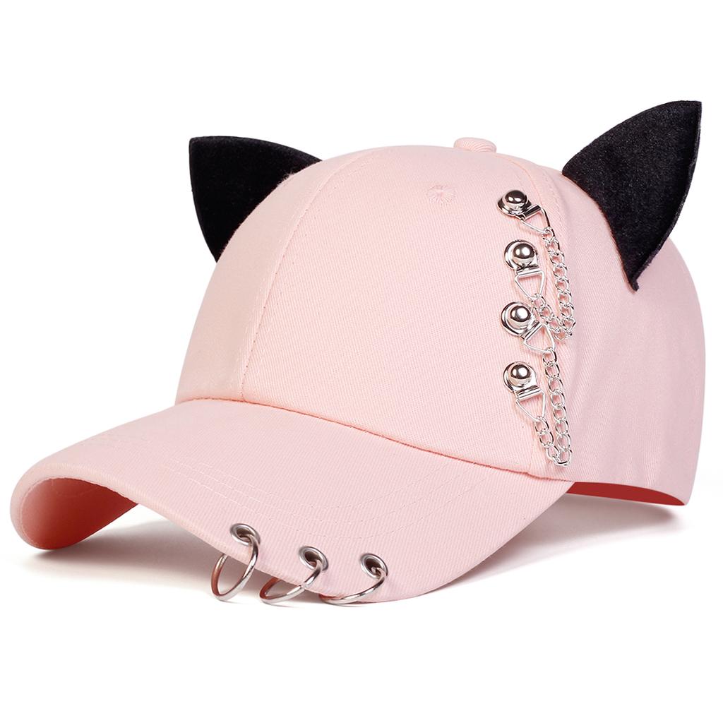 Men Gothic Cat Ear Baseball Cap Chain Iron Ring Outdoor Adjustable Sunscreen Leisure Hat Spring Autumn Travel Tourism Beach Vacation