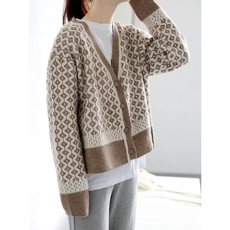 Autumn Winter Korean Retro Sweater Cardigan Jacket Women's Ins Temperament Contrasting Color V-neck Diamond Grid Thick Loose Outer Outfit